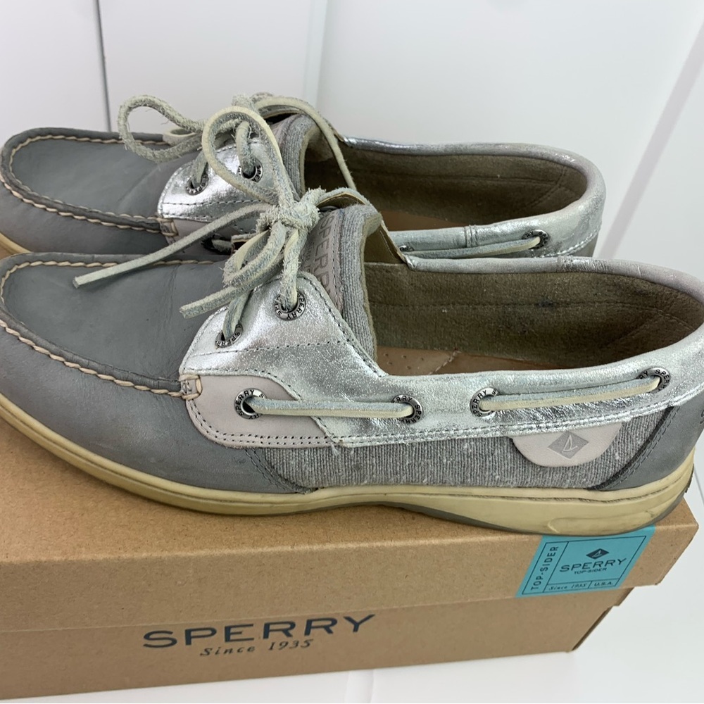 Sperry Bluefish Boat Shoes 8.5 Metallic Gray Silver Leather Slip Ons preppy Y2K - Picture 4 of 6